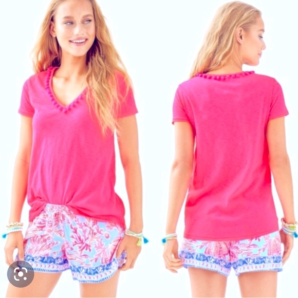 Lilly Pulitzer Etta Pom Pom V Neck TShirt - Picture 1 of 7
